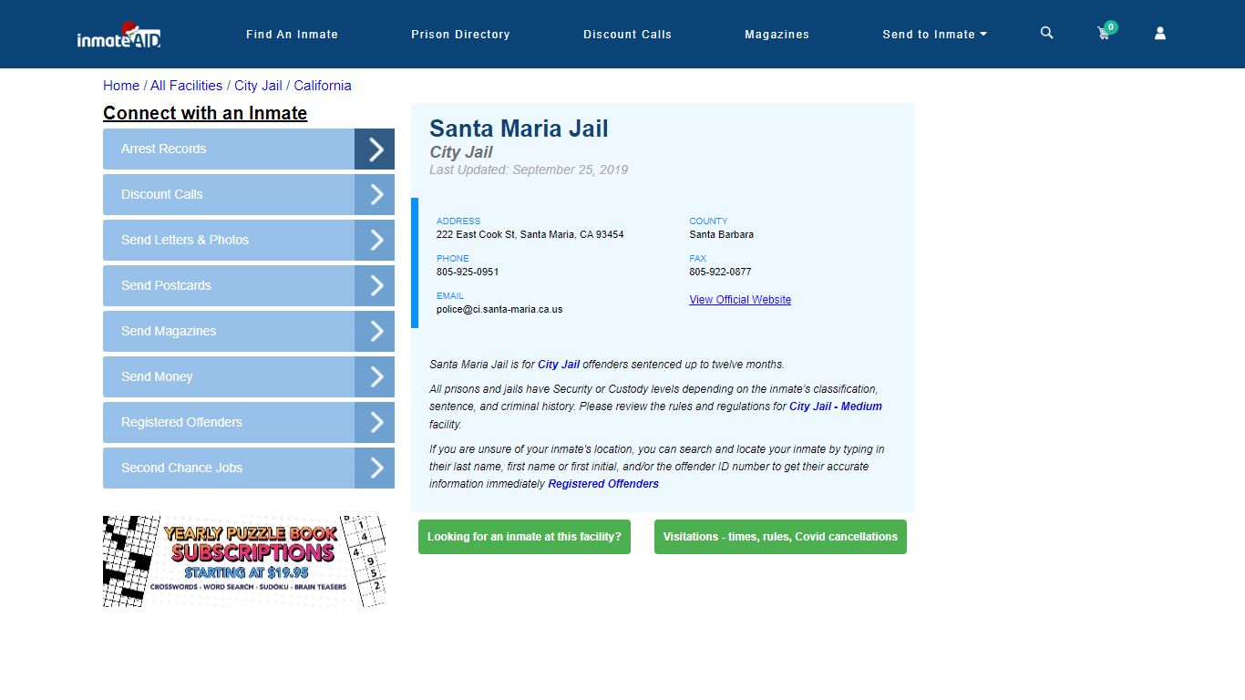 Santa Maria Jail | Inmate Locator